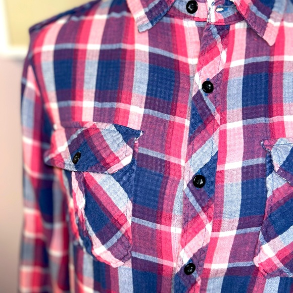 Women’s soft flannel button down, pink, blue and white. Great condition. - Picture 10 of 12